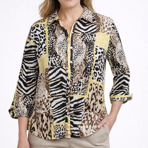 Womens Petites PM Patchwork Animal Print Button Down Shirts Zebra Leopard Yellow